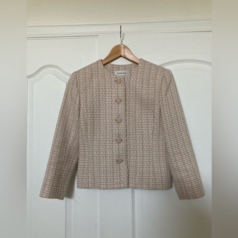Aritzia Babaton little tweed blazer, denude/lurex, size 6